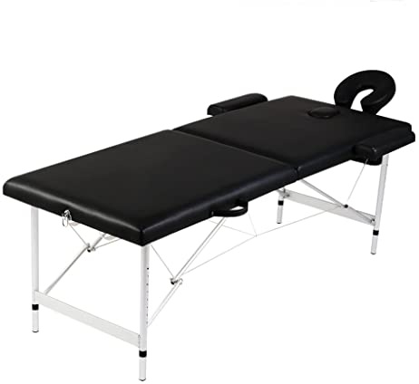 LoogCape Table de massage pliable à 2 zones - Structure en aluminium - Réglable en hauteur - Avec appui-tête et accoudoirs - Pour cosmétiques, spa, bien-être et pratique mobile - Noir - 186 x 68 cm