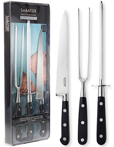 SABATIER Professional Carving Knife Set - 3 Piece Black Carving Knife, Fork & Honing Steel. Chrome-Molybdenum-Vanadium Stainless Steel Blade. Full Tang Triple Rivet Construction. 25 Year Guarantee