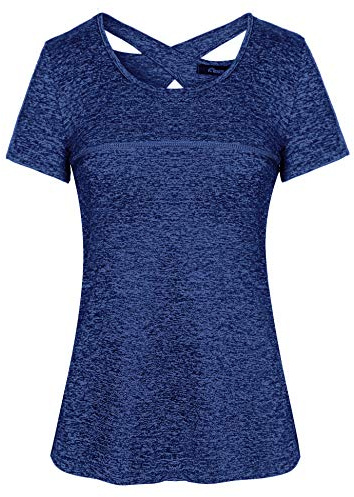 iClosam T-Shirts et Tops de Sport Femme à Manche Courtes Tee Shirt Running/Fitness/Yoga/Pilate - Respirant et Facile à Absorber la Sueur, Bleu Royal 2, XL