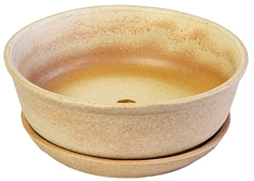 Kerazo Bol à bonsaï rond en céramique 18 x 6 cm avec coque inférieure antique de qualité supérieure, robuste, résistant au gel, durable avec trou de fond