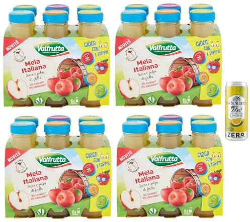 Valfrutta Succhi di Frutta Mela Lot de 24 bouteilles jetables en verre 100 % jus de fruits avec pomme italienne, boisson sans alcool, 125 ml + 1 boîte de thé glacé San Benedetto au citron sans sucre