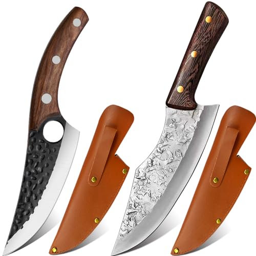 2 Stücke Kochmesser, Küchenmesser mit Lederscheide - Handgeschmiedet Chefmesser,Perfekt zum Schneiden Messer, Japanisches Scharf Messer für Zuhause (2 Stücke)