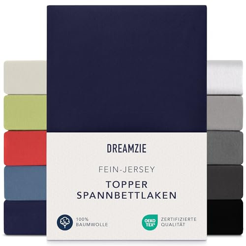 Dreamzie Premium Topper Spannbettlaken 90x200 cm - 100x200 cm - extra niedriger Seitenhöhe - für Topper - Topperauflage - Spannbetttuch Jersey Baumwolle, 150 g/m² - Oeko-TEX - Dunkelblau