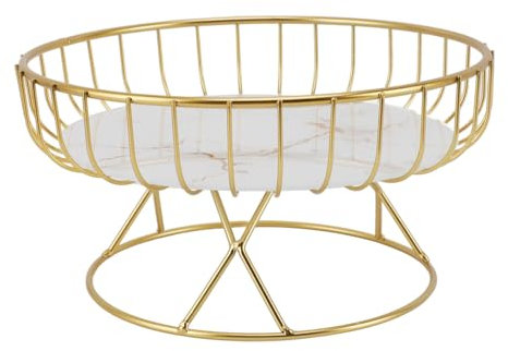 Cesta de Fruta de Metal, Redonda, Hueca, Ventilada, Gran Capacidad, Evita la Deformación, Soporte para Cuenco de Fruta de Alambre para el Hogar (L fondo blanco con rayas doradas.)
