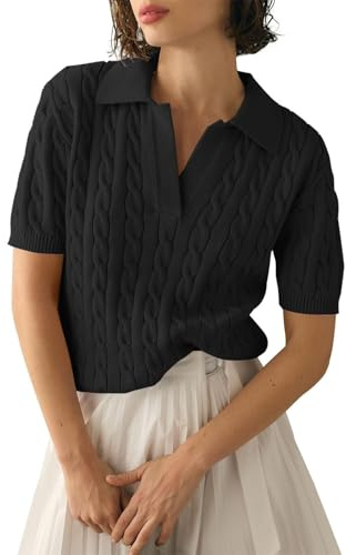Dinglong Suéter de Mujer Chaquetas de Ganchillo Suéter de Punto con Cuello en V y Solapa sólida de Manga Corta para Mujer Chaquetas de Ganchillo suéter de Punto Mujer Verano suéter de Verano Mujer