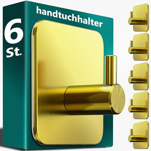 4smile Handtuchhalter ohne Bohren, klassische Klebehaken, 6er Set, Gold | Badezimmer Handtuchhalter, Klebehaken aus Edelstahl, Wasserfeste Haken selbstklebend, Handtuchhaken für Bad, WC, Küche