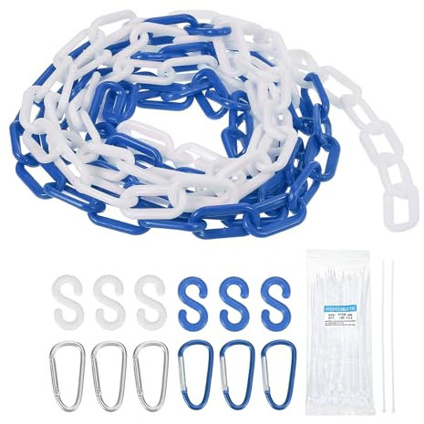 sourcing map Cadena de plástico de 4,6 m, cadena de seguridad de plástico azul y blanco, barrera de eslabones con bridas de cremallera, hebilla y ganchos en S para control de multitudes, línea de