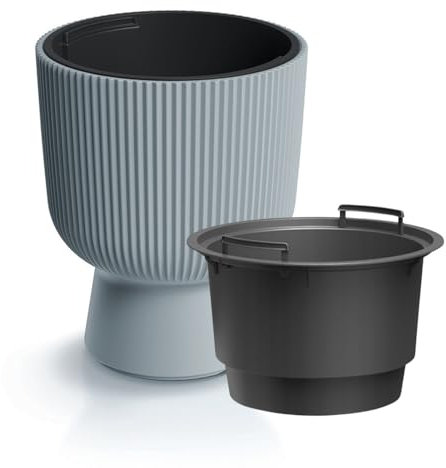B2C Plant Pots Flower Planter 7 Colours 3 sizes Tall with insert Wavy Plastic Pot Boho Elegant Textured Cylindrical with base indoor/outdoor Modern (Grey, 30cm - 18L)