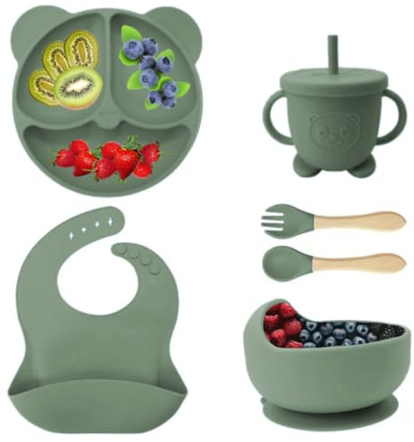 Eliano Set med 6 st silikon-babyservis för bebisar, BPA-fri, halkfri tallrik och skål, haklapp, inlärningsmuggar med sugrör och bestick, LED-babyweaning-kit