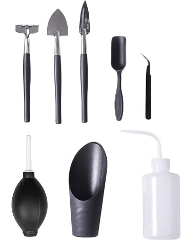 Kit de cuidado de bonsái de jardín de 8 piezas, juego de herramientas para plantas suculentas para recortar plantas de jardinería, incluye pinzas, pala, rastrillo, botella de spray