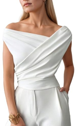 EMOTTOS Top Y2K Mujer, Tops Cortos Pliegues Cruzados, Sexy asimétrico Mangas Hombros Descubiertos Corte Ajustado, Tejido elástico Ligero Informal Mujeres Fiesta de Verano Blanco, Tallas L