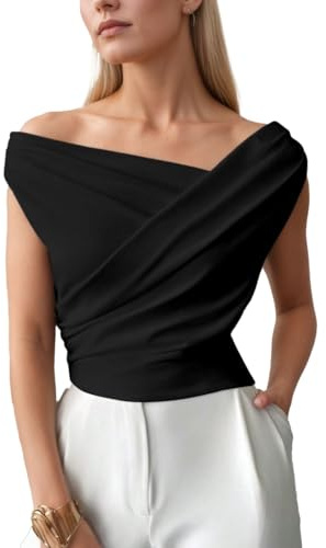 EMOTTOS Top Y2K Mujer, Tops Cortos Pliegues Cruzados, Sexy asimétrico Mangas Hombros Descubiertos Corte Ajustado, Tejido elástico Ligero Informal Mujeres Fiesta de Verano Negro, Tallas M