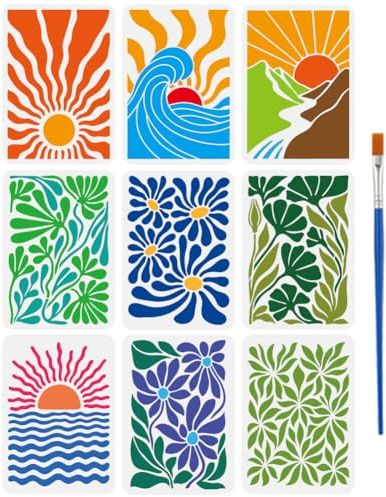 FINGERINSPIRE 9Pcs Pochoir Nature de Style Abstrait Avec Pinceau 297x210mm Pochoir Géométriques pour Peinture Pochoirs Réutilisables Thème Nature Pochoirs Abstraits Superposer pour Bois Tissu Papier