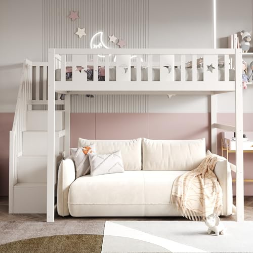140 x 200 cm, letto a castello per bambini con scale, letto a soppalco in legno massello con ringhiera di sicurezza, decorazione a stella e luna. Bianco