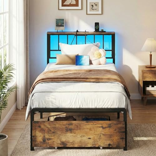 IRONCK Bett 90x200 mit Stauraum, Bettgestell 90x200 mit LED-Beleuchtung & Ladestation, Jugendbett mit Lattenrost aus Metall und Schubladen, Einzelbett, Metallbett mit Kopfteil