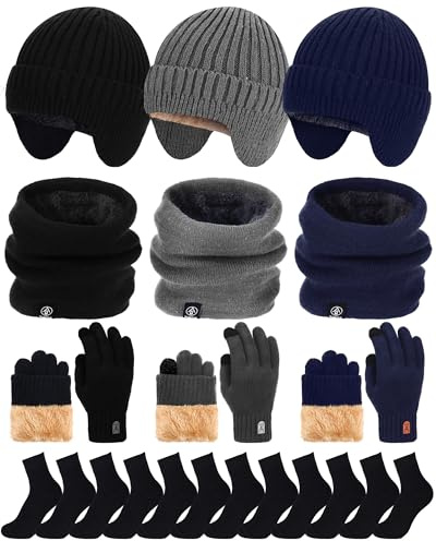 JenPen 15 Pieces Winter Beanie Visor Hat Neck Warmer Scarf Touchscreen Gloves and Sock Set for Men and Women Outdoor Winter Warmer Set