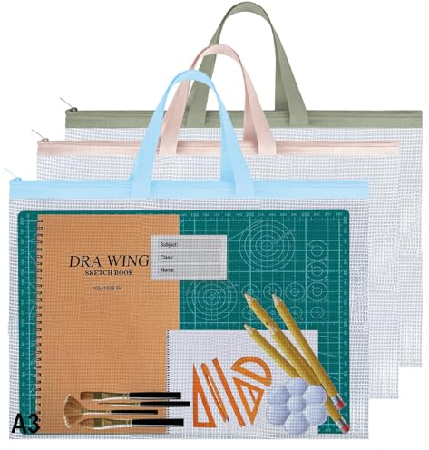 A3 Mesh Art Portfolio Bag 3PCS EVA Waterproof Transparent Painting Folder Zipper Handle with Card Holder Thickened Double-Layer Plastic Art Portfolio Folder Bag for Artwork Drawings Poster Documents