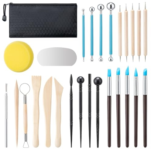 Techchii 27 Stück Modellierwerkzeug Set, Töpferwerkzeug, Ton Werkzeug Modelliermasse Zubehör mit Aufbewahrungsbeutel für DIY-Handwerk Töpfer Tonschnitz Schnitzen