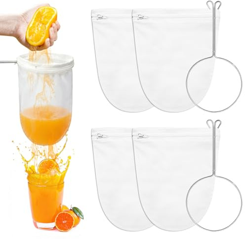 4 Stück Nussmilchbeutel,Waschbar Nylon Sieb Filter mit Ständer,Wiederverwendbar mit Reißverschluss Obstpresse Feinmaschiges Passier für Saft Kaffee Nussmilch Gemüsesäften