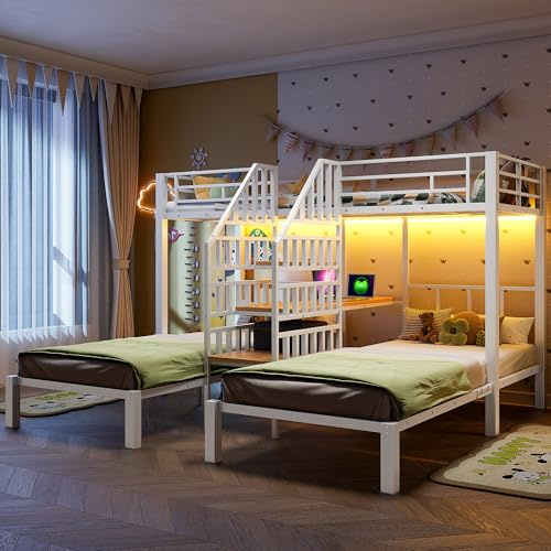 Soweiz Litera de 90 x 200 cm, 3 camas, con barra de luz LED, escalera integrada con espacio de almacenamiento, con 2 puertos USB + 1 enchufe, con escritorio, sin colchón (blanco)
