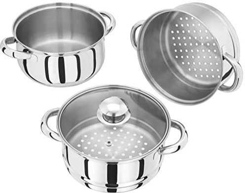 Judge Essentials Stainless Steel 3 Tier Steamer 18cm, Vented Glass Lid, Integral Casserole Pot, Oven Safe, Induction Ready