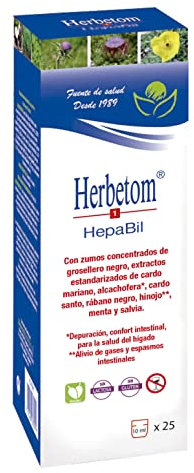 Herbetom 1 Hepabil jarabe 250 ml | Desintoxicación para el hígado, confort intestinal - Cardo mariano y extracto de alcachofa - Alivia gases y espasmos intestinales - Detox depurativo higado y colon