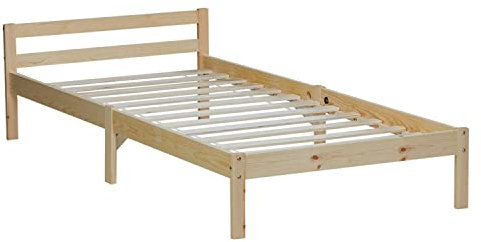 Homestyle4u Bett Holzbett 90x200 mit Lattenrost Kiefer Massiv Bettgestell Einzelbett Gästebett Holz Natur Massivholzbett