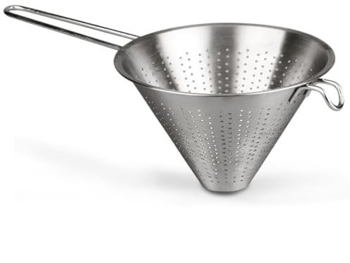 Menax - Colino Cinese Perforato - Colino Conico in Acciaio Inox - Chinoise Acciaio Inox - Scolapasta con Manico, Filtro per Pasta, Riso, Verdura - Scola Pasta da Cucina Acciaio Inox - 18 cm