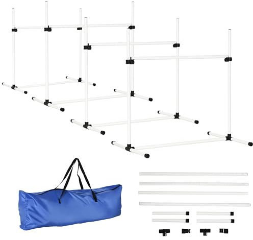 PawHut Agility pour Chiens, Kit Agility Chien Parcours, Set de 4 Obstacles Professionnels Hauteur Réglable, Système de Maintien au Sol Sac Transport Parfait pour Jeux Intéressants, Entraînement, Blanc