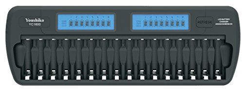 Youshiko YC1600 Intelligent Battery Charger (Official 2025 UK Version) for 16 x AA/AAA batteries (Including Car 12V Adapter) with Discharging & Protection