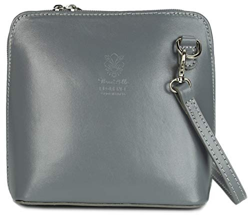 Belli italienische Ledertasche Damen Umhängetasche klein Handtasche Schultertasche Abendtasche in grau hell - 17x16,5x8,5 cm (B x H x T)