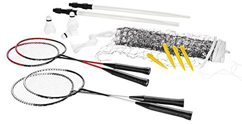 Crivit Badminton Kit complet pour 4 joueurs : 4 raquettes, 3 volants, filet de jeu, tendeurs et dispositifs d’ancrage au sol.