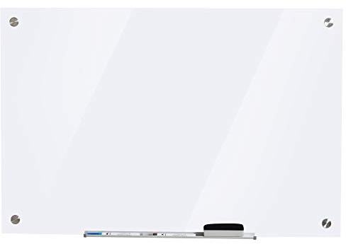 Vinsetto Pizarra de Cristal con Bandeja sin Marco 90x60x0,45 cm Blanco | Pizarra de Pared, Incluye 4 Rotuladores y Borrador