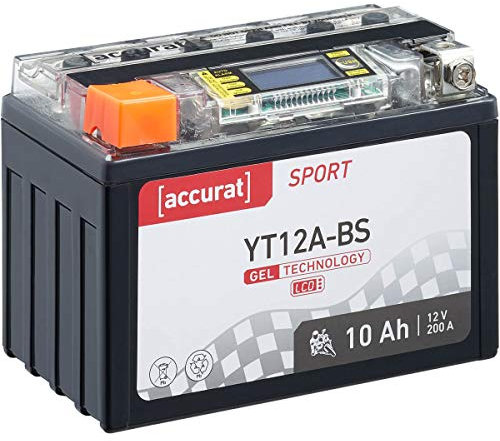 Accurat Motorradbatterie YT12A-BS - 12V, 10Ah, 200A, rüttelfest, wartungsfrei, LCD Display - Starterbatterie, Gel Batterie in Erstausrüsterqualität für Rasentraktor, Roller, Motorrad, Quad