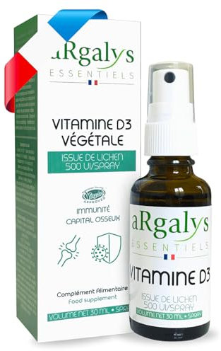 Vitamine D3 Végétale naturelle extraite de lichen | 500 UI par spray - 2000 UI/j | 30ml - 4 Mois de cure | Immunité, Santé Os & Muscles | Enfants & Adultes | Vegan | Fabriqué en France | Argalys
