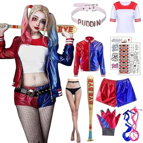 Maryparty Disfraz de Quinn para Niñas Mujer, Disfraz de Cosplay Suicide Squad Halloween Carnaval Camiseta Pantalones Chaqueta y Guante, Guantes, Bate Inflable (Mujer, Medium)
