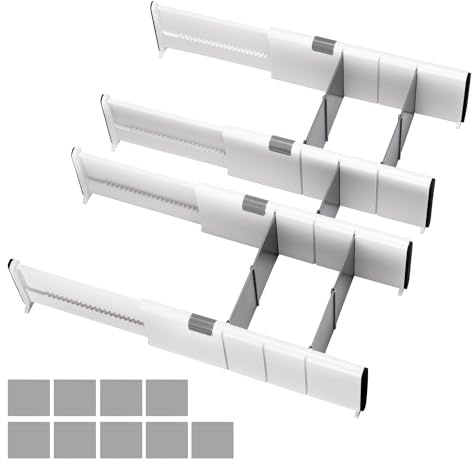Divisori per Cassetti Organizer Cassetti Separatori per Cassetti Divisori Cassetti Regolabili Separatore Cassetti Caricati a Molla con 9 Inserti per Cucina Comò Bagno Camera da Letto 27-44cm Set di 4