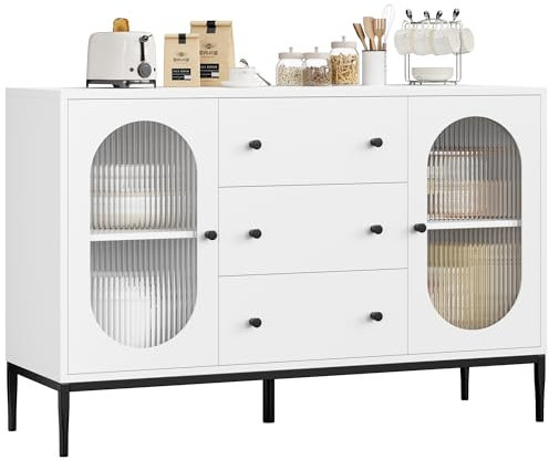 FirFurd 120cm Aparador Cocina con 2 Puertas de Cristal y 3 cajones, Armario Despensa Cocina, Muebles Bar para Salón, Mueble Aparador Comedor, Blanco y Negro