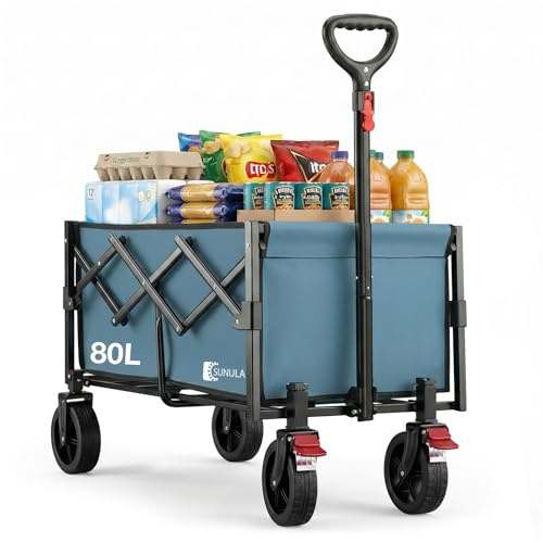 SUNULA Carro Plegable pequeño 80L 100KG, Carro Plegable con Peso reducido, Carro Todoterreno con Frenos, Azul