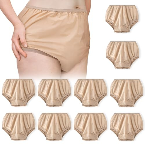 Vinsatin 10 Pcs Adult Plastic Diaper Cover Pull-On Cover Plastic Pants Reusable Incontinence Waterproof Pants(Small,Beige)