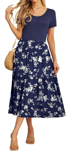 GRECERELLE Maxi Dresses for Women UK Summer Short Sleeve Crew Neck Swing Flowy Tiered Party Dress with Pockets for Weddings, Holidays (Blue Small Flower, L)