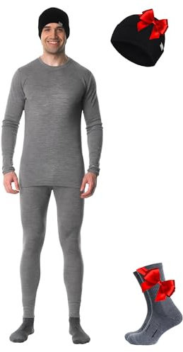 Merino.tech Conjunto Lana Merino Hombre - Camisa y Pantalon Termica Lana Merino con Calcetines + Gorro (Large, Heather Grey)
