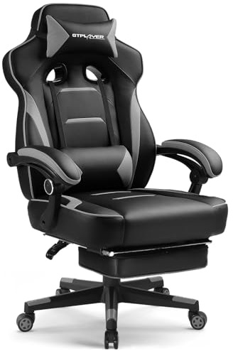 GTPLAYER Gaming Chair with Footrest, Big and Tall Game Chair 350lb Racing Style Computer Chair, Ergonomic Executive Office Chair High Back with Lumbar Support and Recliner, Light Gray