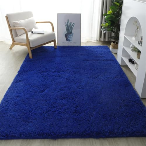 Highdi Fluffy Rugs Living Room, Solid Color Soft Shaggy Rug, Classic Non-Slip Faux Fur Rugs, Long Plush Carpet, Washable Rugs for Bedroom Kids Living Room Home Decor (Royal blue,100x160cm)