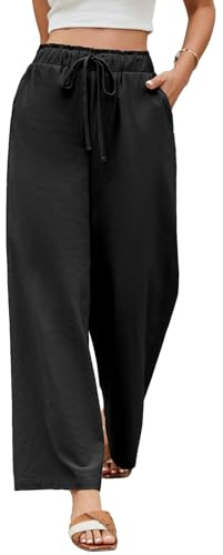 Niwicee Pantalones Mujer Verano, Frescos Pantalón Anchos Cintura Alta Elasticos Pantalon Palazzo Mujer Ligero Casual Pantalones Rectos Suelto con Bolsillos Cordón(Negro,L)
