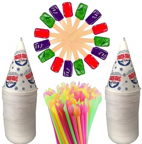 Concession Essentials Snow Cone Kit, 25 Cups, 25 Spoon Straws, 27 Flavor Spoons