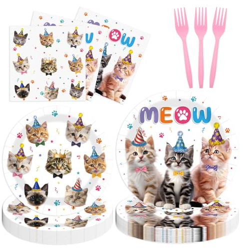 HiEnjoin 72PCS Cat Birthday Party Plates Napkins Disposable Kitten Cake Plates with Forks Cat Theme Decoration for Baby Shower Kids Birthday Party