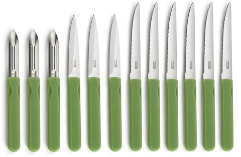 Pradel Essentiel - Set 12 couteaux de cuisine : steak, office et éplucheur - Energy - Acier inoxydable 13/0, Finition Brillante - Vert