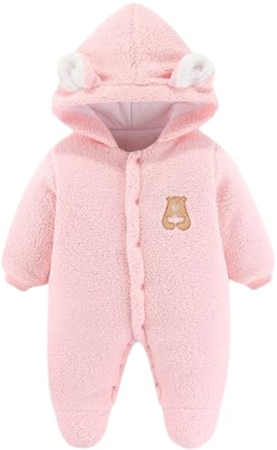 JiAmy nyfödd baby snödräkt fleece vinter snödräkter, björn med huva sparkdräkt tecknad baby flickor pojkar kläder kläder kläder 0-18 månader, Rosa, 0-3 Months