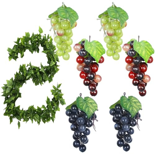 Lepidi 7 Pezzi uve Artificiali, uva Finta, uva Artificial Con Foglie, Plastica Simulata Frutta, Plastica Uva Spiedini Artificiale, per la Presentazione Della Frutta, Decorazione del Vino